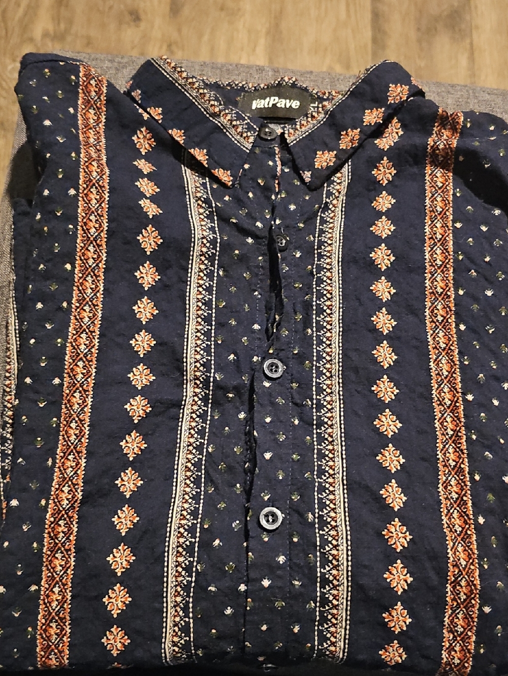 VatPave Navy Button-Up Shirt Orange Pattern Bohemian Men Xlarge Casual